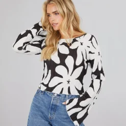 Discount Dame Kendal Langærmet Bådudskæring Flared Top Sort Monokrom Blomst Dame Overdele·Overdele