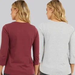 New Dame To Pak 3/​4 Ærme T-shirts Cordovan Grå Melering Dame Multipakker·Overdele|Overdele·T-Shirts