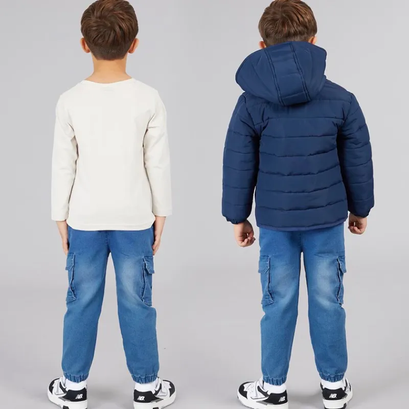 New Drenge dunjakke t-shirt og jeans sæt blå Sæt|Træningsdragter