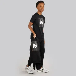 Outlet Drenge kombi patch t-shirt sweatshirt og joggingbukser træningssæt Sort Træningsdragter