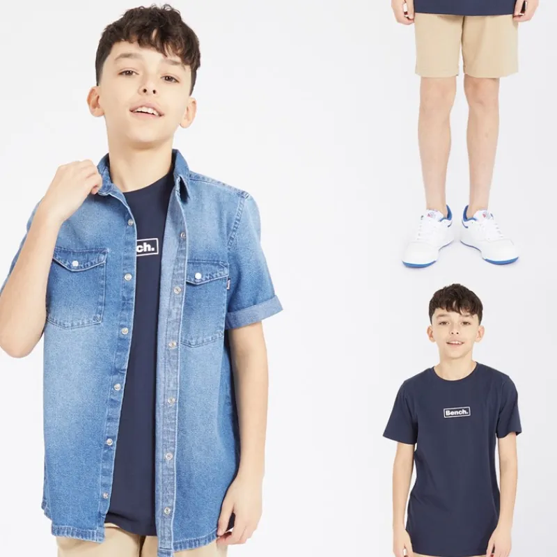 Online Drenge Tobama Skjorte T-shirt Og Chino Shorts Sæt Mid Wash/Navy/Stone Sæt|Træningsdragter