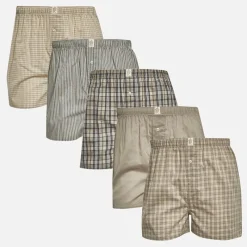New Herre Fem Pak Vævede Boksershorts Multi 5 Taupe/​Taupe Ecru Check/​Taupe Ecru Check/​Taupe Ecru Gingham/​Taupe Ecru Stribe Multipakker·Undertøj|Undertøj, Sokker Og Nattøj·Boxer Shorts