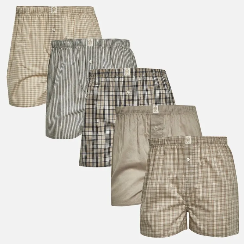 New Herre Fem Pak Vævede Boksershorts Multi 5 Taupe/Taupe Ecru Check/Taupe Ecru Check/Taupe Ecru Gingham/Taupe Ecru Stribe Multipakker·Undertøj|Undertøj, Sokker Og Nattøj·Boxer Shorts