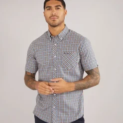 New Herre House Check Kortærmet Skjorte Denim Blå T-Shirts, Poloer Og Skjorter·Skjorter