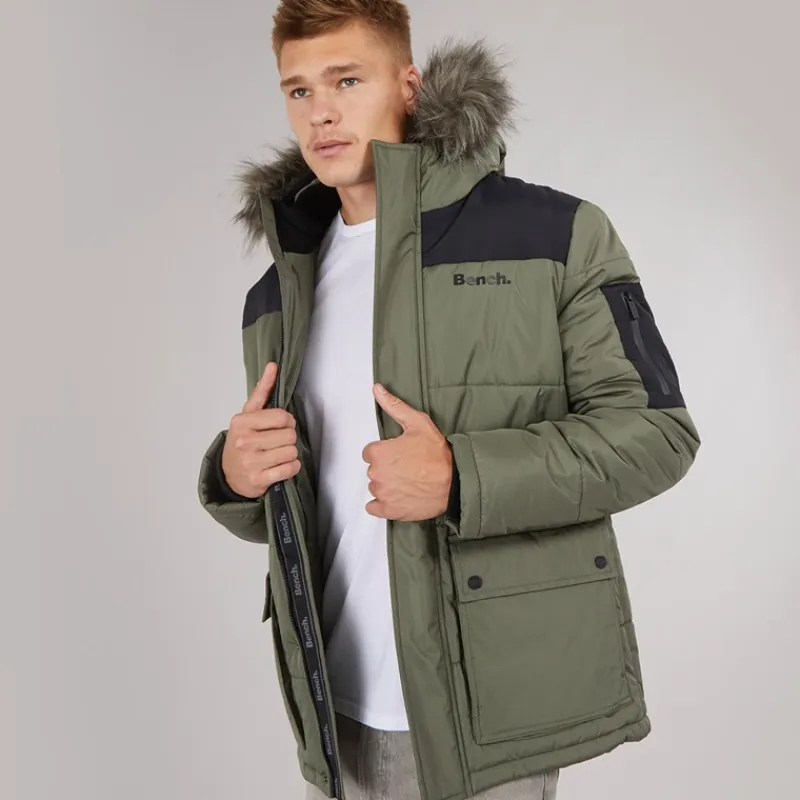 Discount Herre Pelsbesat Hætteforsynet Vatteret Ripstop Parka Khaki/Sort Jakker Og Frakker·Jakker Og Frakker