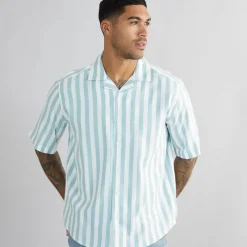 Outlet Herre Tes Relax Bomuld Slub Stribet Kortærmet Skjorte Seaspray Stribet T-Shirts, Poloer Og Skjorter·Skjorter
