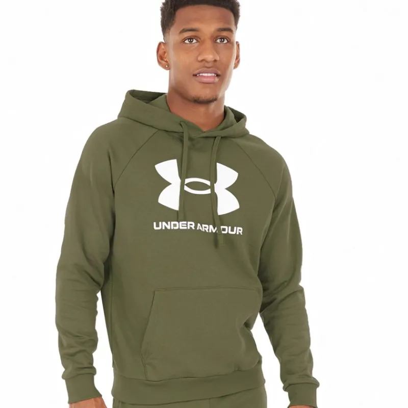 Best Hættetrøje til Herre UA Rival Fleece Logo Marine OD Grøn/Hvid Træning|T-Shirts Og Undertrøjer