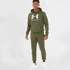 Best Hættetrøje til Herre UA Rival Fleece Logo Marine OD Grøn/Hvid Træning|T-Shirts Og Undertrøjer