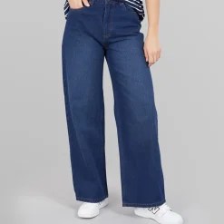 Online Jeans med vid ben kvinder Mørkeblå Dame Jeans, Bukser Og Leggings·Jeans