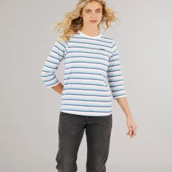 Clearance Langærmet T-shirt til kvinder Auborn Hvid/Lys støvet Rosa/Grøn/Blå/Marineblå Stribet Dame Overdele·T-Shirts|Overdele·Overdele