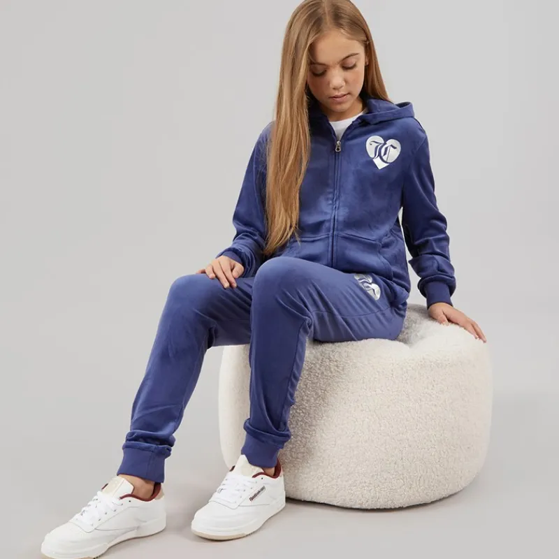 Best Piger Velour Hjerte Logo Træningssæt Blå Print Træningsdragter Og Sæt