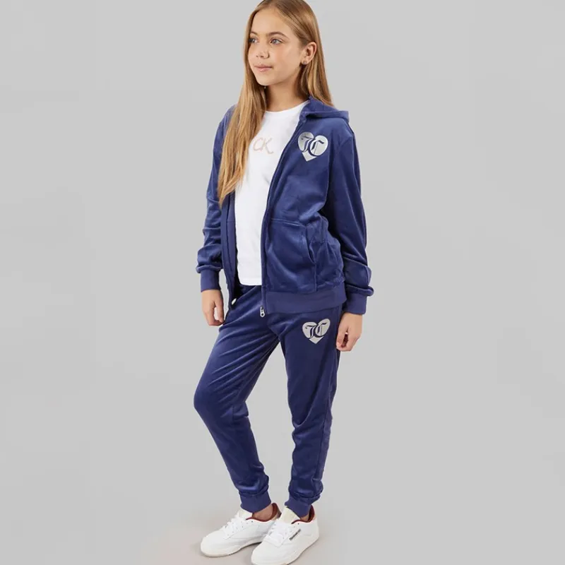Best Piger Velour Hjerte Logo Træningssæt Blå Print Træningsdragter Og Sæt
